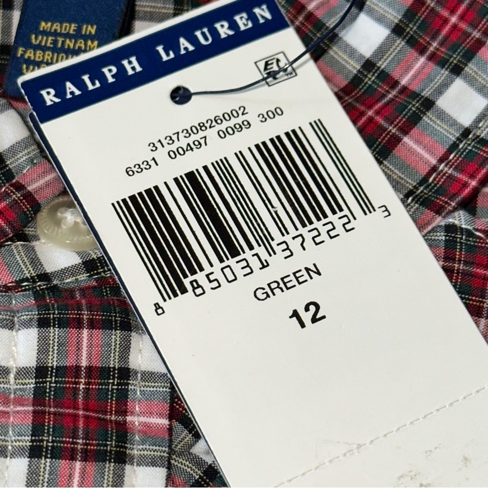 Polo Ralph Lauren 12 Red Green Plaid Long Sleeve Ruffle Front Button Down Shirt - Picture 3 of 4
